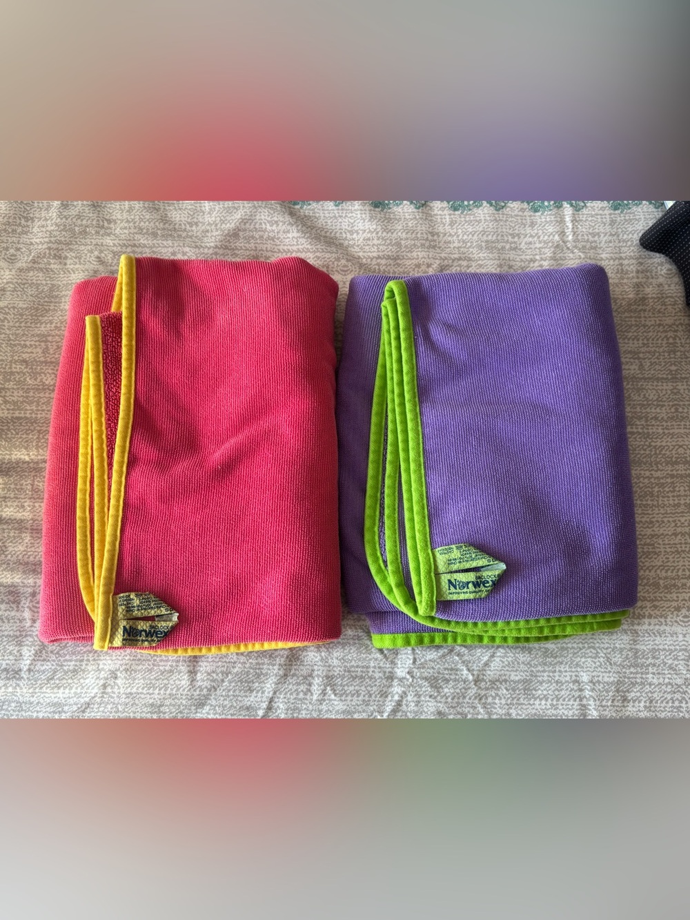 Norwex Pink and Purple Microfiber Kids Bath Towels with Yellow and Green Trim
